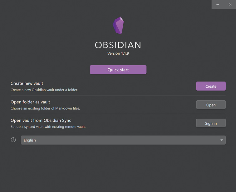 黑色截图，标题为OBSIDIAN Version 1.1.9。标题下方有几个选项，允许用户开始使用该应用程序。