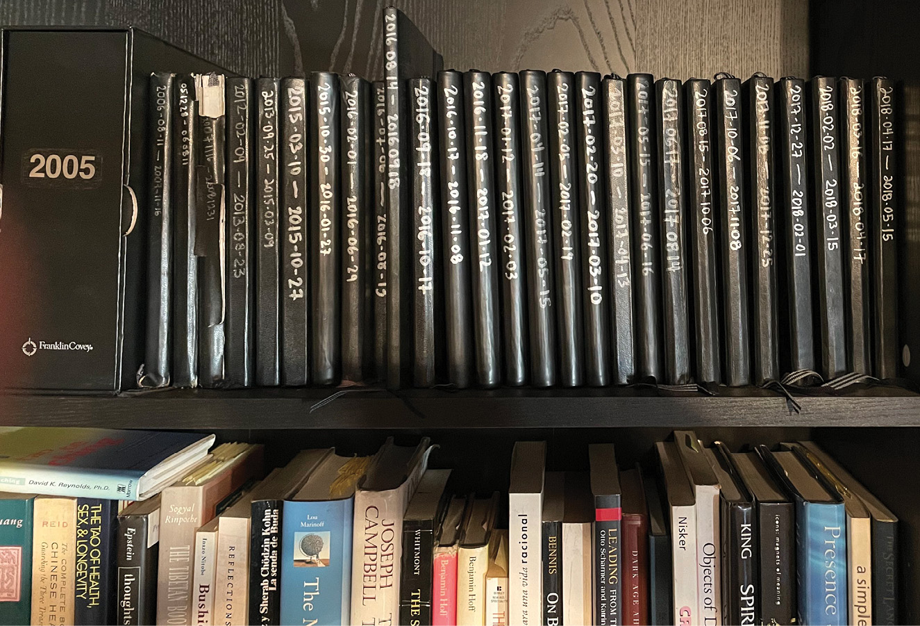 书架的一部分照片，显示一排黑色笔记本，书脊上写着日期。