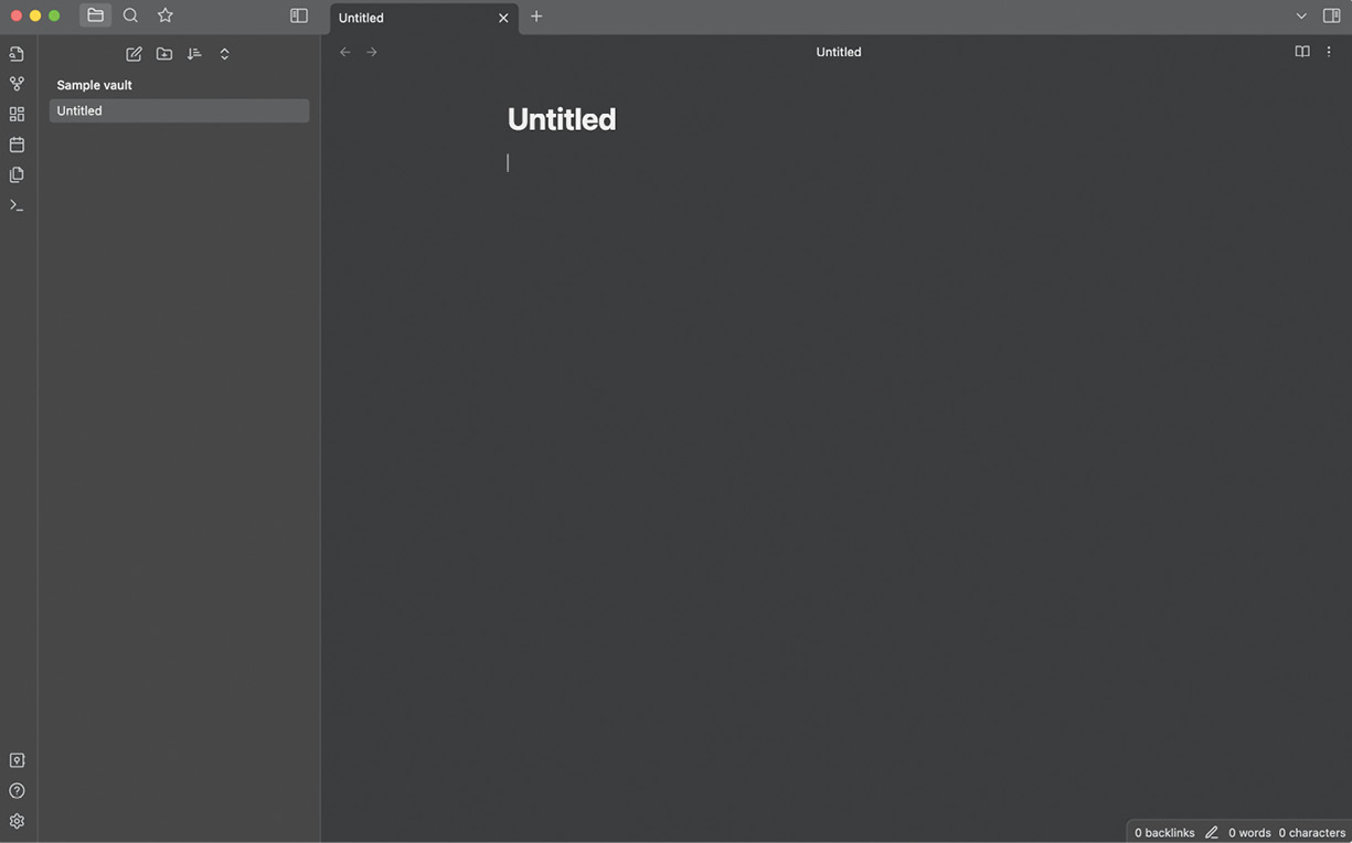 Obsidian 用户界面——有两个窗格：最右边的窗格基本上是空的，除了顶部的”Untitled”一词。