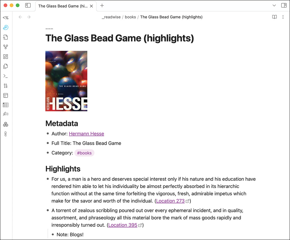 Obsidian笔记截图，显示了《玻璃球游戏》一书的摘录片段