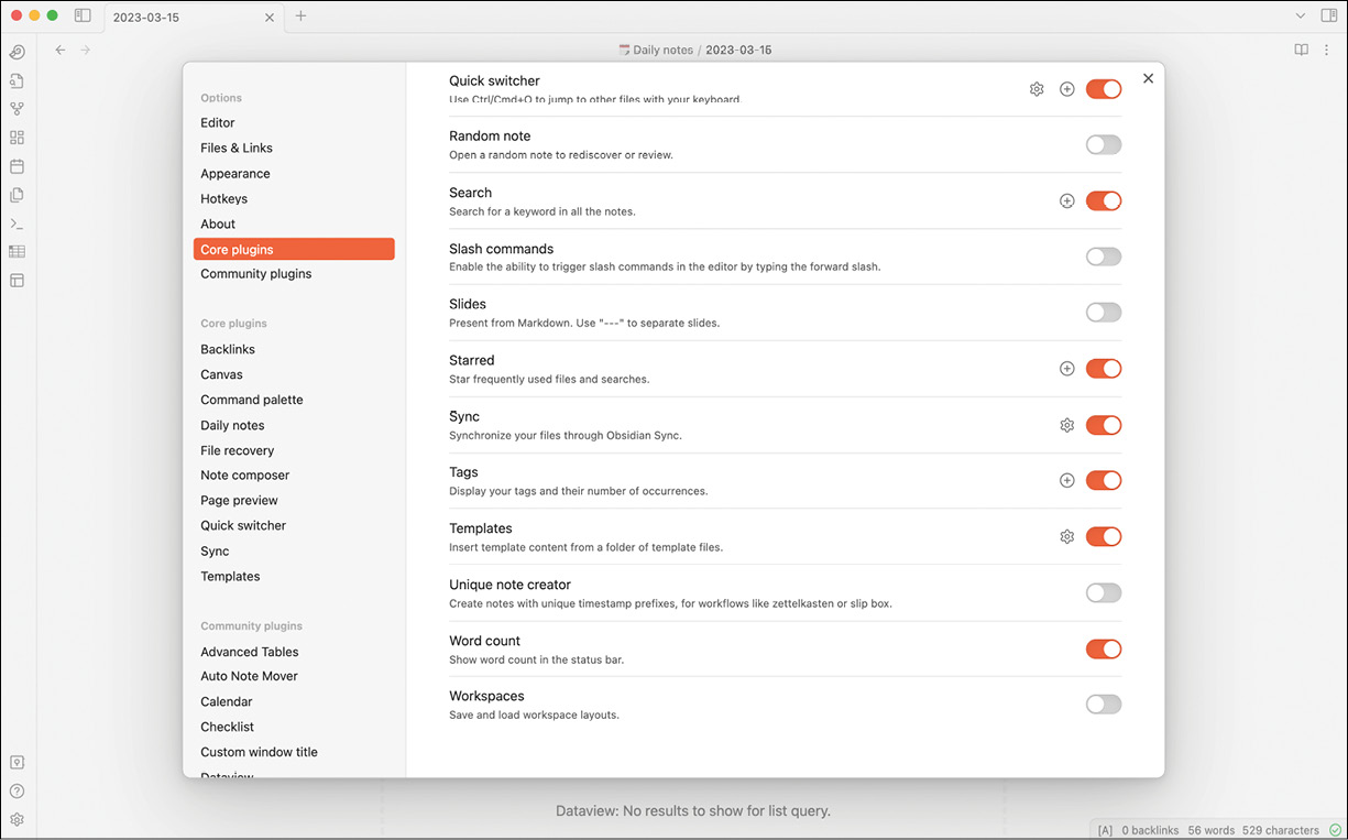 Obsidian的Core插件配置面板。
