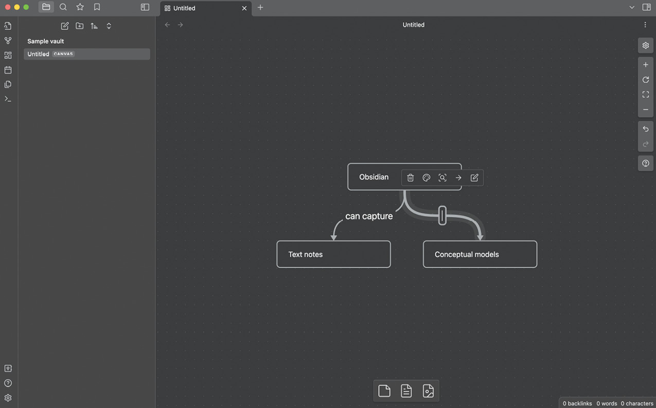 显示 Obsidian 画布视图的截图。屏幕上有三个框，分别标记为 Obsidian、Text notes 和 Conceptual nodes。标记为 Obsidian 的框有连线连接到其他两个框。其中一条连线在中间包含短语 can capture