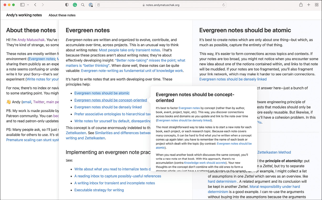 Andy Matuschak 的笔记网站，显示多个笔记并排显示在屏幕上，其中一个覆盖在其他笔记上方。