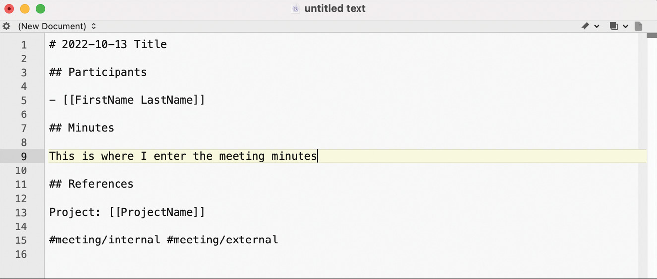 Obsidian应用的截图，显示会议记录笔记的模板。它包括会议参与者、会议记录和参考资料等部分。
