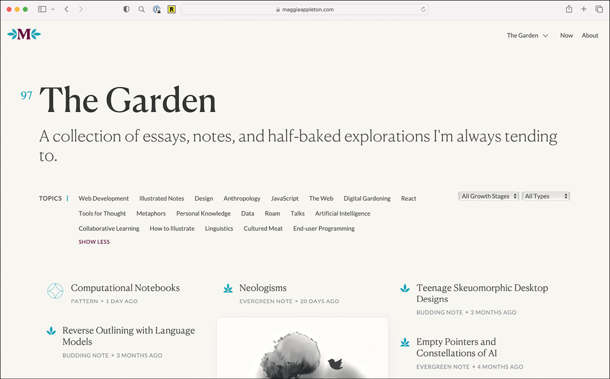 Maggie Appleton的网站《花园》，显示文章索引