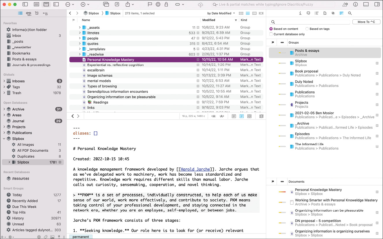 DEVONthink 的截图显示了在 Obsidian 中创建的 Markdown 笔记。