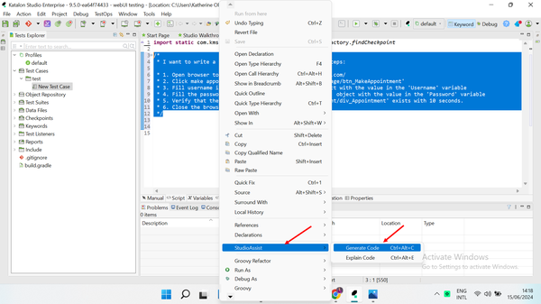 图4-1：通过在UI中选择StudioAssist选项来使用Katalon生成测试很直观