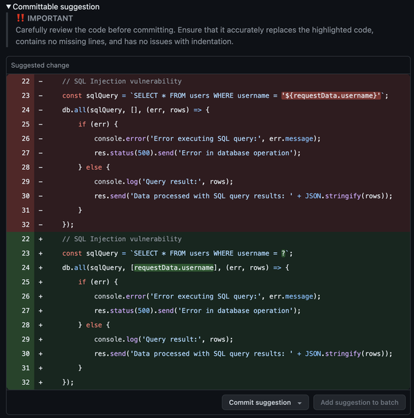 图 3-10. CodeRabbit 建议修复 SQL 注入漏洞。