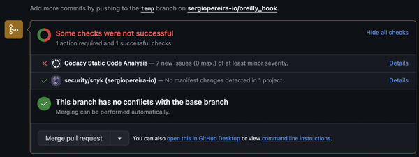 图 3-12. Codacy 和 Snyk 出现在 PR 合并的检查部分。