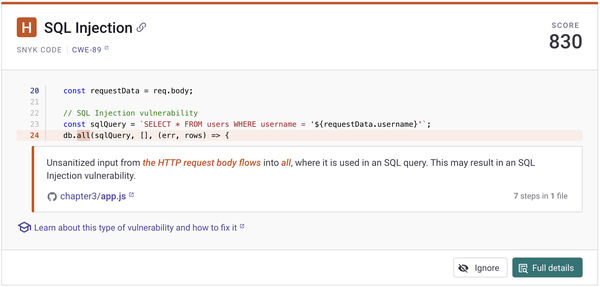 图3-6. DeepCode识别SQL注入漏洞。