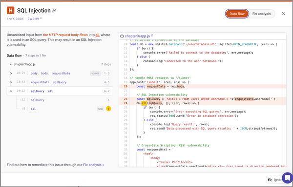 图3-7. DeepCode解释SQL注入漏洞。