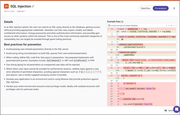 图3-8. DeepCode建议修复SQL注入漏洞的方法。