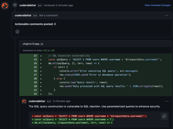 图 3-9. CodeRabbit 识别 SQL 注入漏洞。