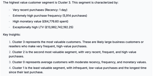 图5-6. Julius对第二个提示的回复，包含高价值客户分析