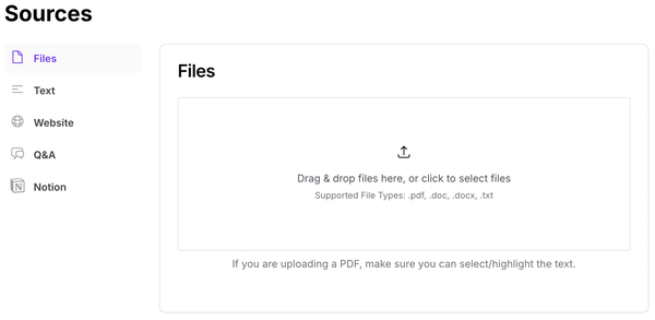 图7-1. Chatbase的数据源UI，用户可以在此添加训练数据。
