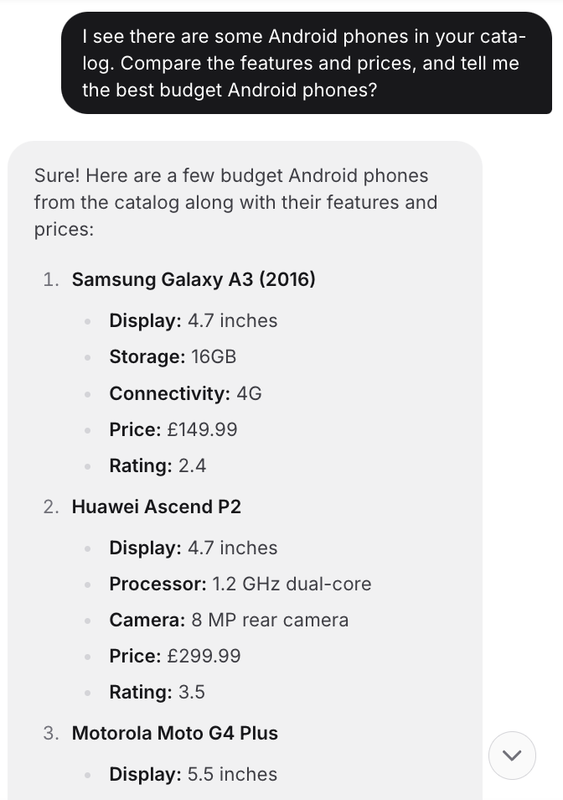 图7-2. 对我的Chatbase聊天机器人的第一个问题（截断到可见区域）