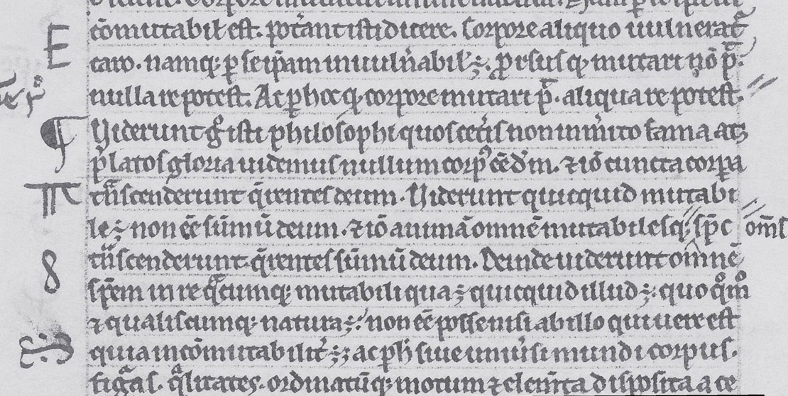 图13：格罗斯泰斯特的圣奥古斯丁《上帝之城》(De Civitate Dei)副本，边注中有他的主题符号。花朵符号表示ymaginacion(想象)。