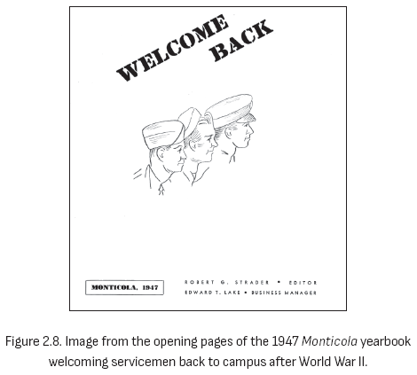 图 2.8. 1947 年《Monticola》年鉴开篇页面中欢迎二战后军人返回校园的图片。