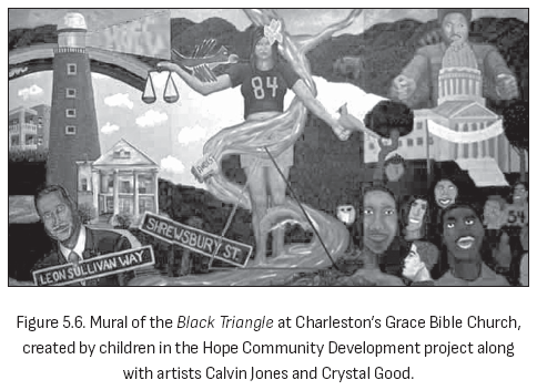 图5.6. 查尔斯顿Grace Bible Church的黑三角壁画，由Hope社区发展项目的儿童与艺术家Calvin Jones和Crystal Good共同创作