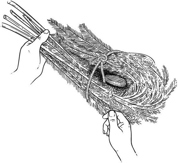 带引火物的松树细枝束